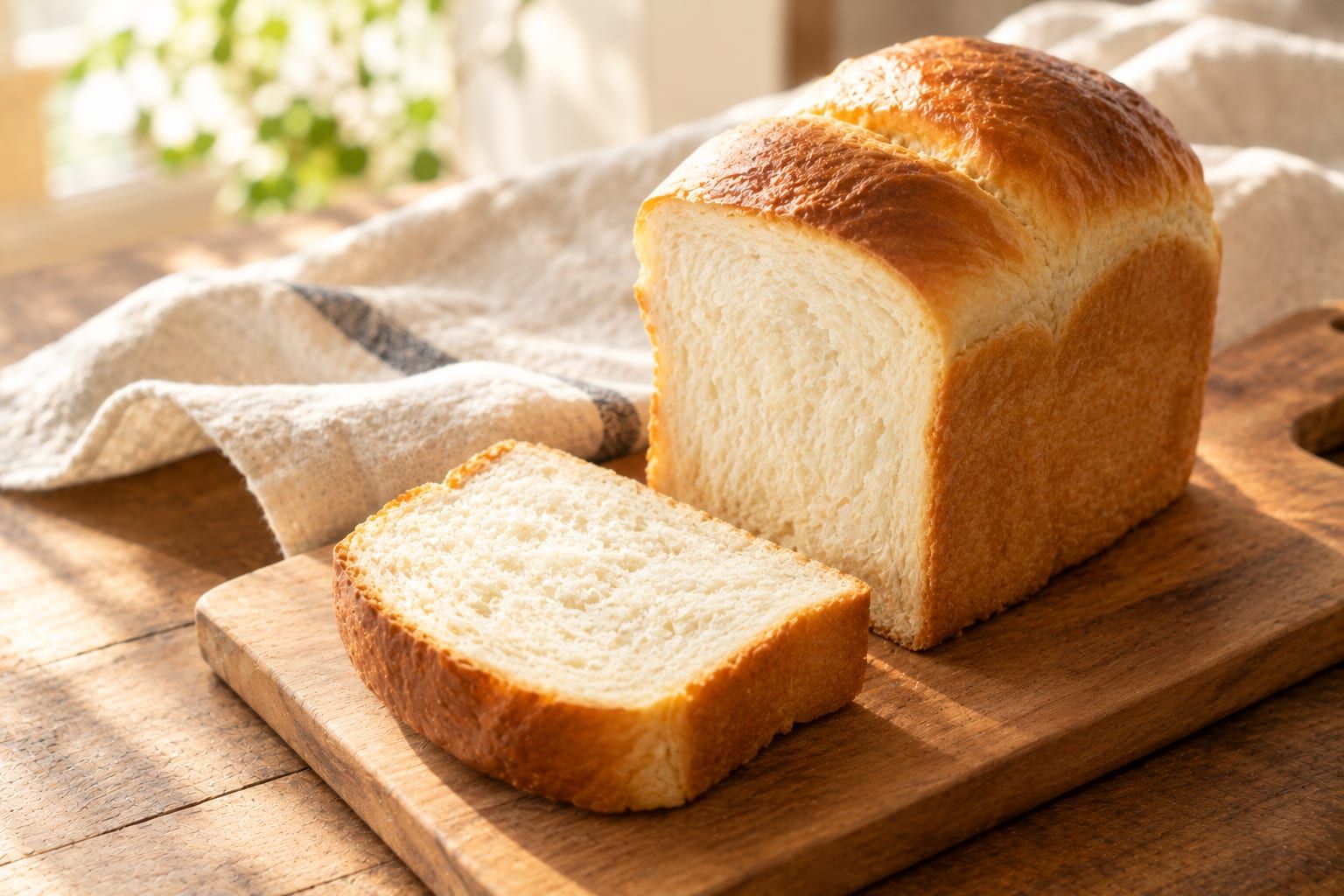 木のまな板にのせた食パンと、厚く切った 1 枚